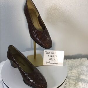 Yves Saint Laurent Dark Brown Woven Leather Block Heel Pumps